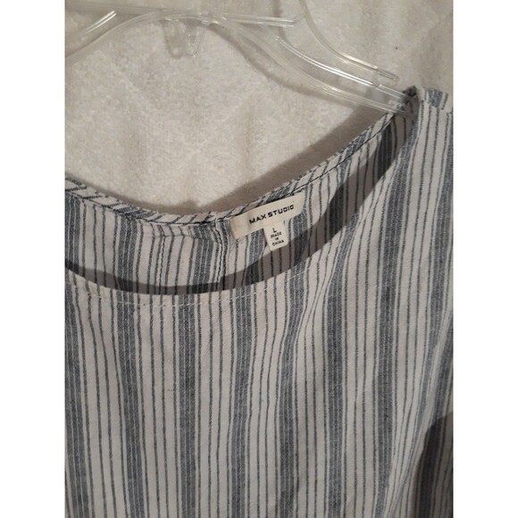 Max Studio Blue White Stripe Size L Large Linen Cotton Shirt Blouse SUMMER Top - Picture 2 of 5